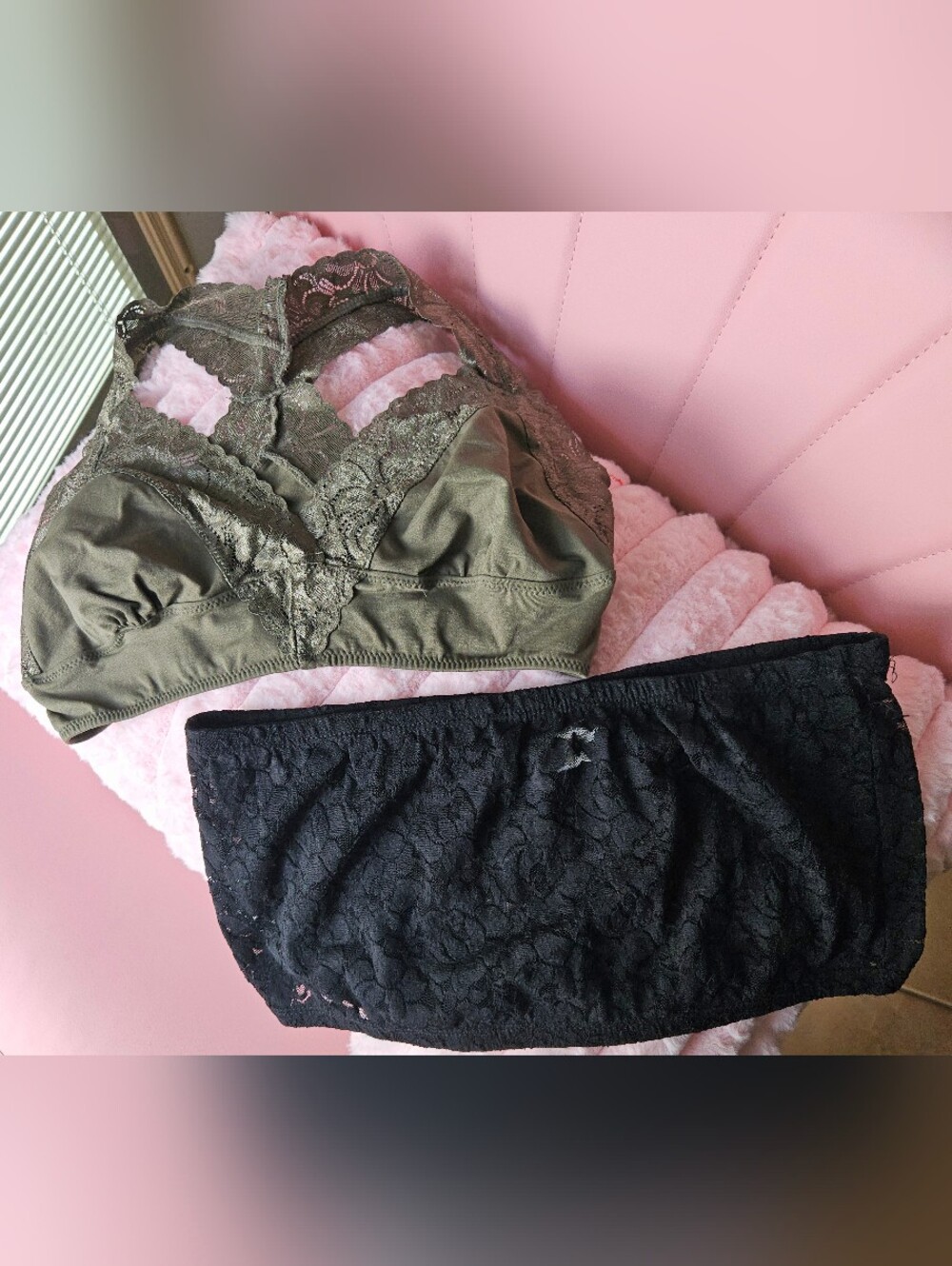 Olive Green Lace Bralette & Black Lace Bandeau Set
